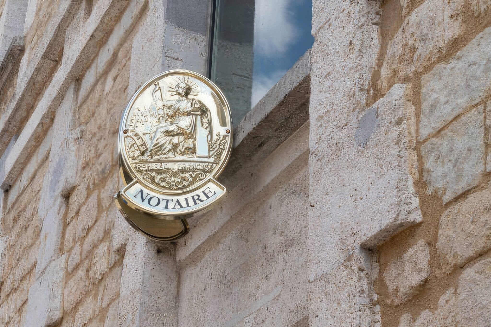 French notaire sign on wall above entrance to the notary office